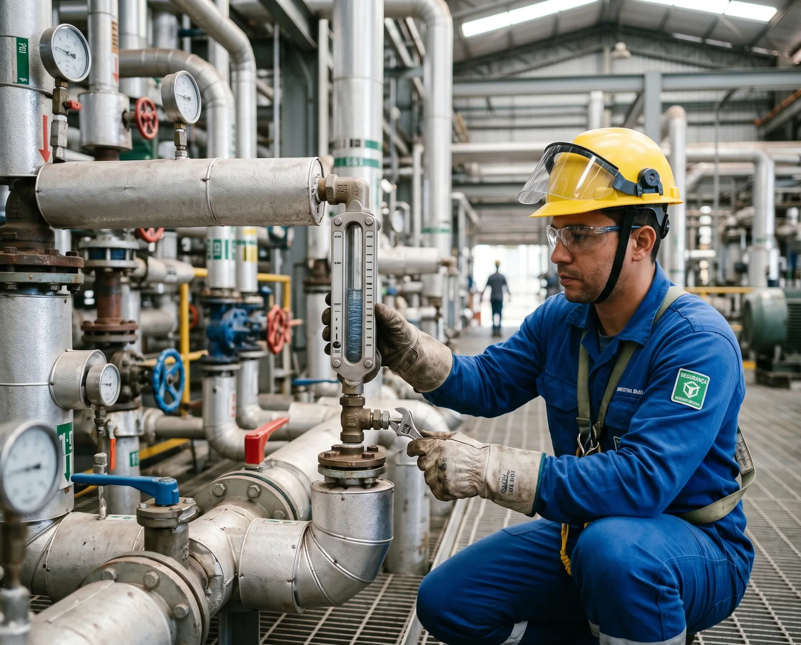 Técnico da 4K Visores inspecionando um visor de nível em planta industrial